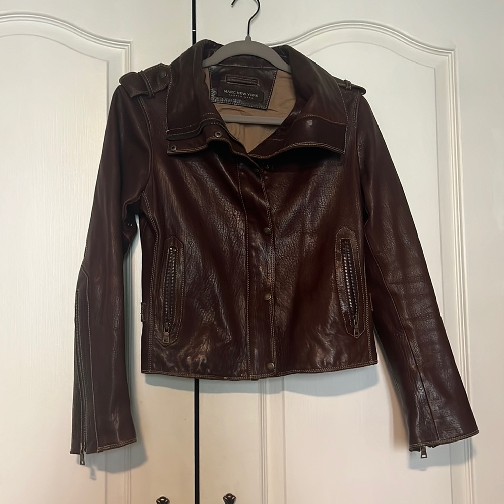 Chocolate Brown Leather Moto Jacket by Marc New York, Small. Excellent condition
